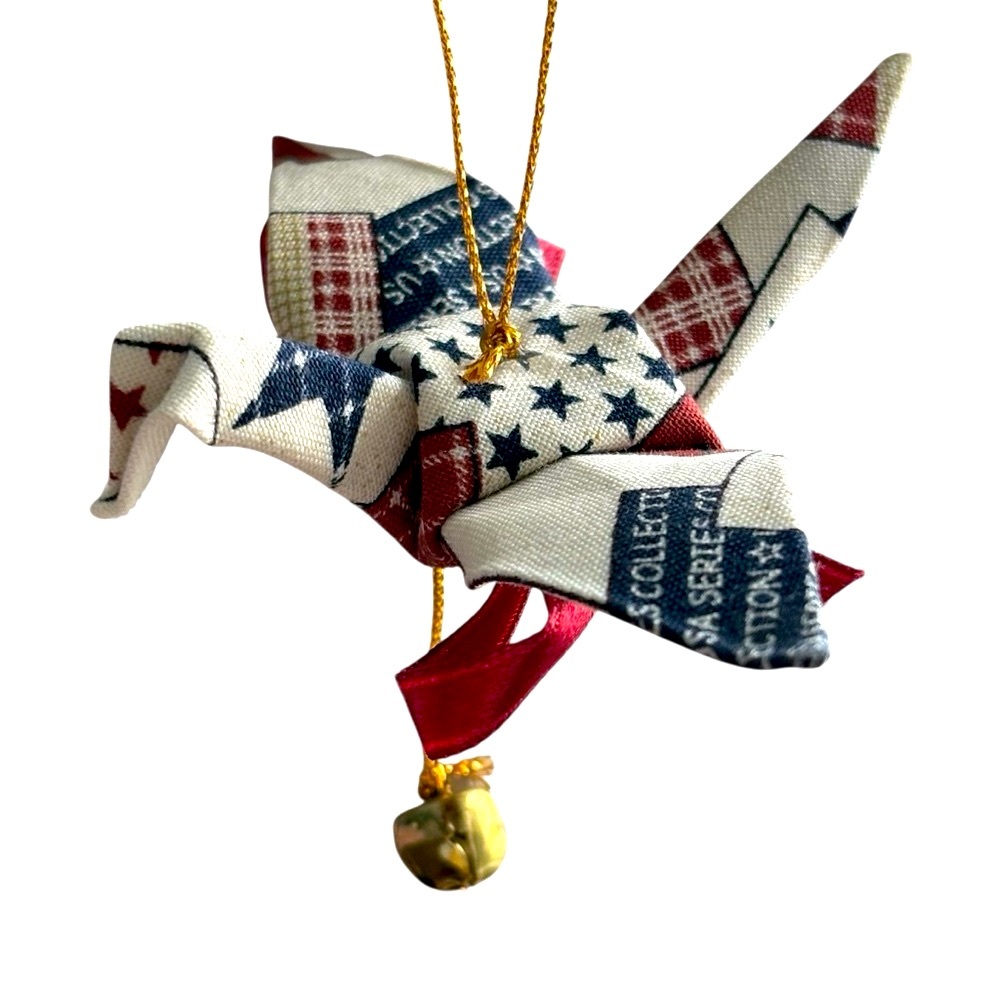 Hanging Handmade Origami Patriotic Crane Bird with Bell Peace and Harmony Art
